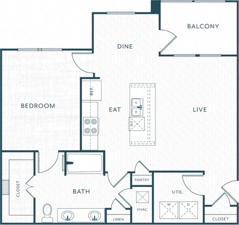 Floor plan for 1 bed, 1 bath, 873 sqft